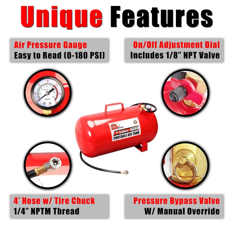 BIG RED خزان هواء أفقي محمول تورين T88007 باللون الأحمر مع خرطوم بطول 36 بوصة، سعة 7 جالون - Image 2